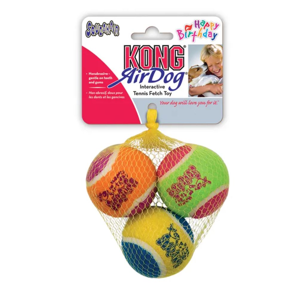 Kong AirDog Squeaker Birthday Balls, yellow and green tennis ball dog toys