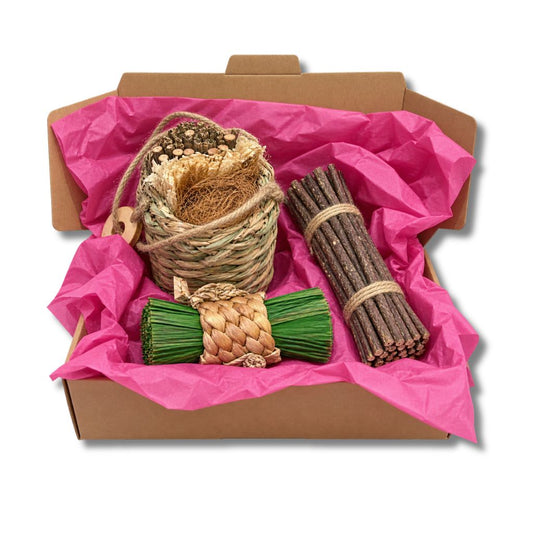 Apple Sticks Party Pack natural rabbit chew toys with apple sticks, Forest Delight Crunchy Roll and Forest Delight Nibbling Pouch