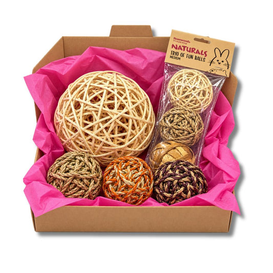 Bunny Ballers Bundle natural rabbit toys with large 15cm rattan ball and assorted chew balls in pink tissue gift box