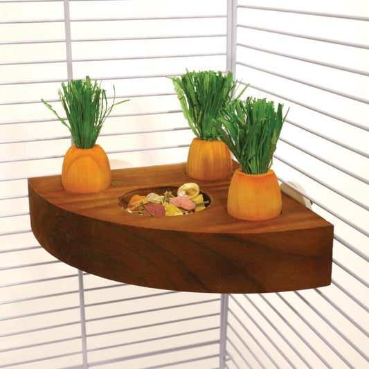 Wooden Rosewood Carrot Toy 'n' Treat Holder attached to a wire cage, with removable orange carrot chews for rabbits and small pets.